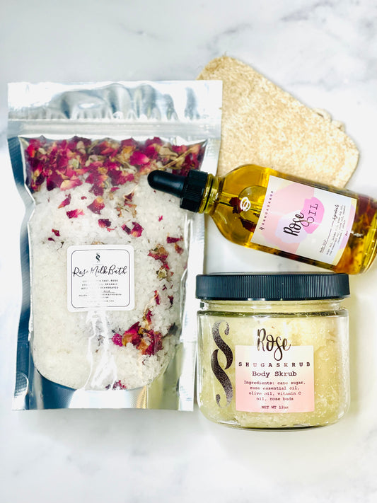 Rose Bundle | Rose Milk Bath Salts, Rose Body Skrub & Rose Infused Body Oil